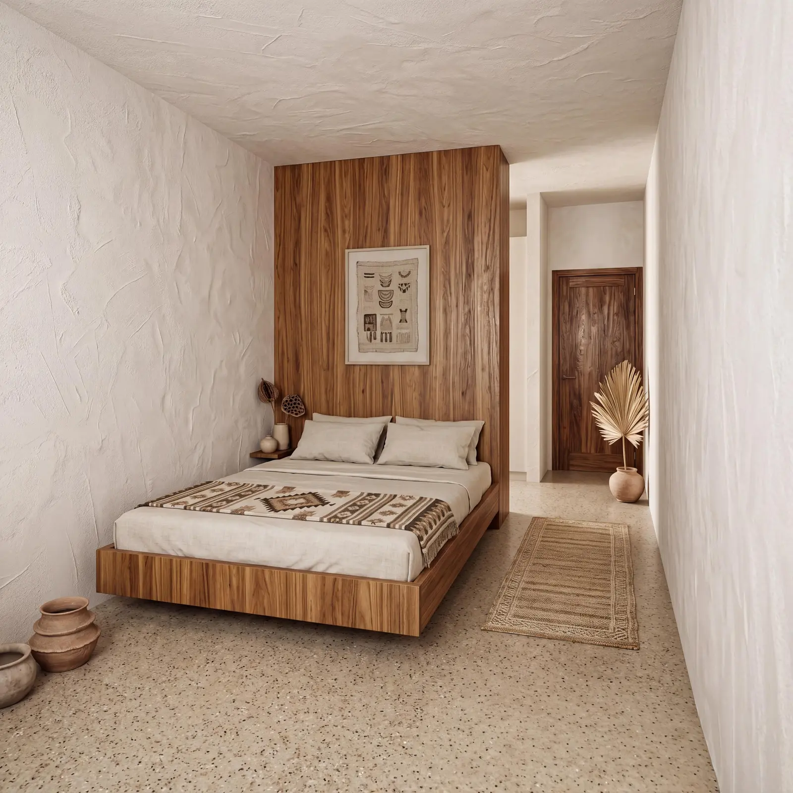 Bedroom with walnut headboard